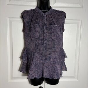 Rebecca Taylor Static Ruffle Hem Shirt Purple Dewberry Sleeveless Sheer Silk Top